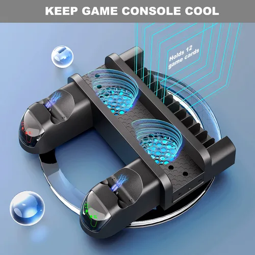 Vista 3 de Estación de ventilador de refrigeración con soporte para PlayStation 4 Slim Ventilador de refrigeración para PS4 Pro Estación de carga vertical