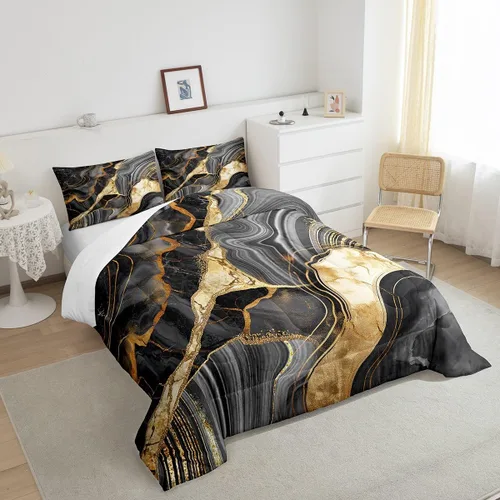 Vista 4 de Juego de edredón de mármol negro individual, ropa de cama dorada agrietada para adultos, hombres y mujeres, juegos de edredón de textura metálica