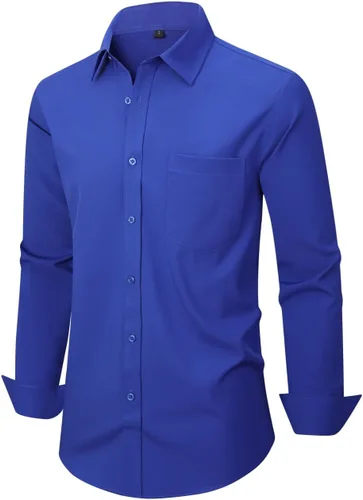 Vista 2 de corfty Camisa de vestir de manga larga para hombre, ajuste regular, elástica, sin arrugas, casual, con botones