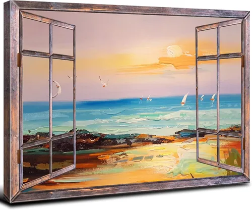Vista 23 de Cuadro de pared con ventana de playa, paisaje oceánico, decoración de pared, paisaje costero, gaviota, impresiones en lienzo, pintura tropical