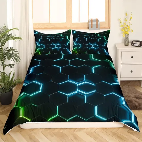 Vista 40 de Funda de edredón de panal para niños, hombres y niñas, juego de ropa de cama moderno con temática geométrica hexagonal, diseño de cuadrícula