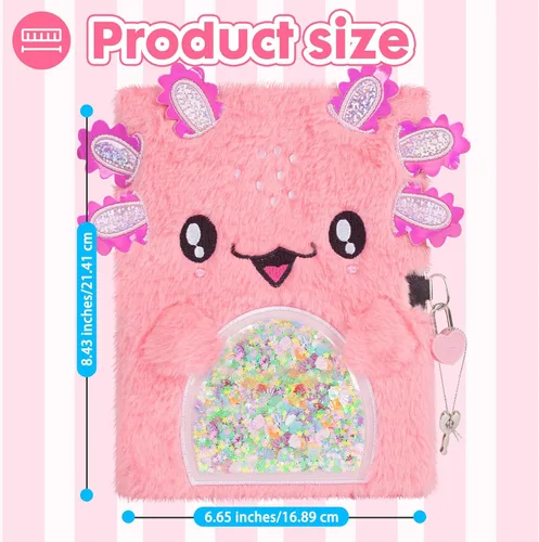 Vista 5 de Diario de ajolote para niñas con cerradura, juguetes de ajolote de felpa, regalo para niñas adolescentes, cuaderno de escritura para niños, regalos