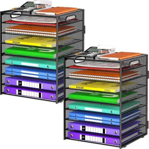 Vista 9 de Cawukege Organizador de papel de 9 niveles con asa, organizador de escritorio de gran capacidad, carpeta de archivos de malla, bandeja de papel