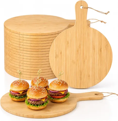 Vista 11 de Tanlade 100 tablas de cortar a granel de 9 x 4 pulgadas, tabla de cortar de bambú con mango de madera, tablón de charcutería grabado para servir