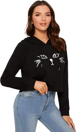 Vista 7 de Sudadera SweatyRocks corta con capucha, manga larga, con estampado de gato, para mujer