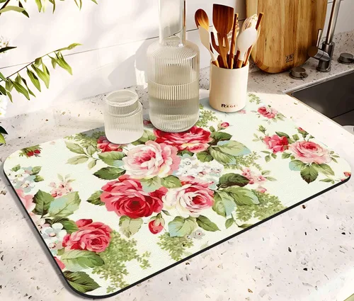 Vista 26 de Tapete de secado de platos para encimera de cocina, 20 x 12 pulgadas, lavable, almohadilla de secado rápido de platos, parte trasera de goma Flores