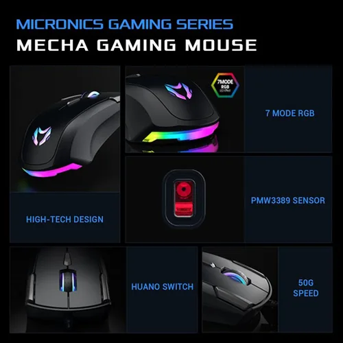 Vista 3 de Mecha ZM-1 - Ratón de computadora con cable RGB control DPI ajustable hasta 16 K sensor óptico PMW 3389 6 botones de programa interruptor Huano 7