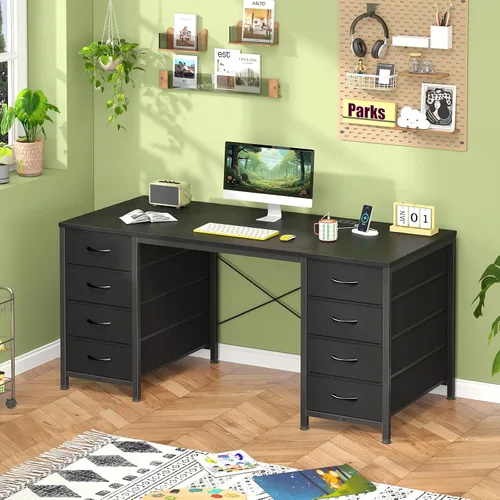Vista 7 de YOMILUVE Escritorio para computadora de 50 pulgadas con 8 cajones, escritorio para oficina en casa con tomas de corriente, escritorio de trabajo
