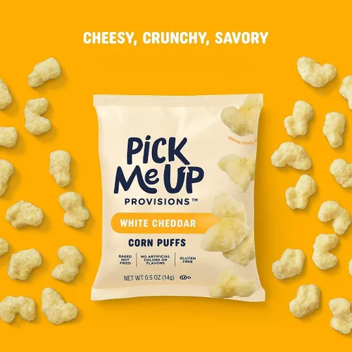 Vista 3 de Pick Me Up Provisions Puffs de maíz cheddar blanco sin gluten, 36/Bx