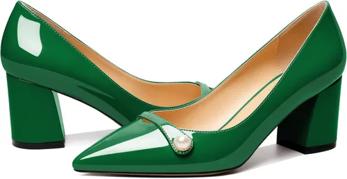 Vista 4 de AUMOTED Zapatos de tacón grueso de bloque para mujer, puntera puntiaguda, sin cordones, tacones medios gruesos, zapatos de vestir para el trabajo