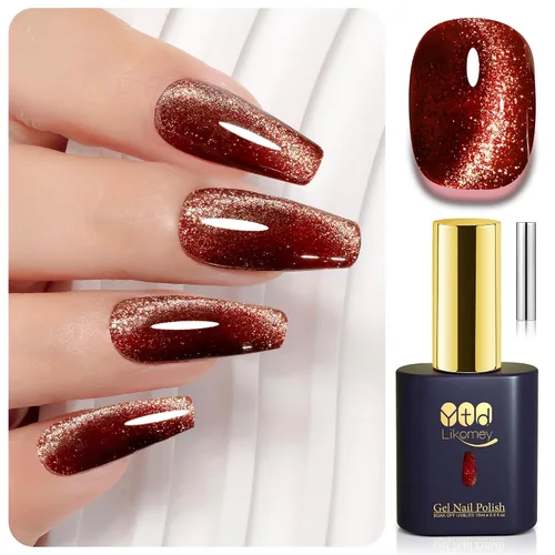 Vista 23 de YTD Likomey - Juego de esmaltes de uñas de gel de ojo de gato, 8 colores con purpurina magnética de cristal, borgoña, rojo, negro, verde, ciruela