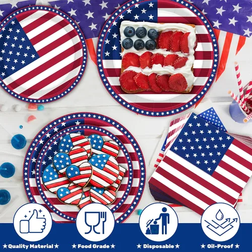Vista 3 de QZYL 150 piezas de suministros para fiesta del 4 de julio, sirve 50 platos de papel y servilletas de papel con la bandera americana, decoraciones