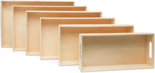 Vista 3 de Bandejas de madera sin terminar con asas, juego de 6, para manualidades, resina, organización, decoración de bricolaje y actividades Montessori, por