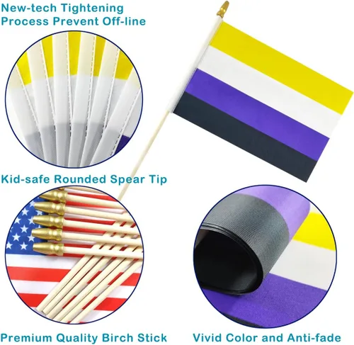 Vista 3 de Newperlite Nonbinary NB Pride Stick - Banderas pequeñas de mano LGBT - Poste de madera maciza y parte superior de lanza, paquete de 12, 5 x 8