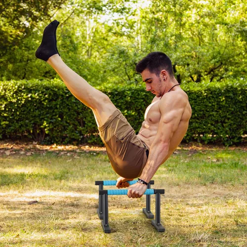 Vista 5 de Paraletas de entrenamiento de fuerza, barras de empuje I-Sit, asas de flexiones, equipo de calistenia para entrenamiento en casa, barras de gimnasia