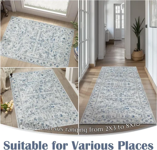 Vista 71 de jinchan Lima - Alfombra simétrica floral geométrica lavable, alfombra de entrada de medio círculo de 2 x 3, alfombra de media luna, suave y Azul