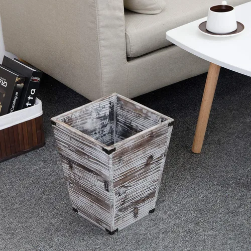 Vista 4 de Liry Products - Cesta de basura cuadrada de madera rústica con antorcha, estilo granja, papelera de reciclaje, soportes de metal decorativos