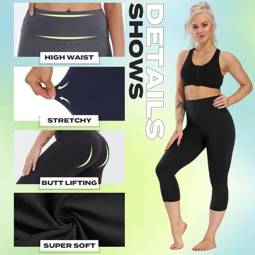 Vista 59 de NexiEpoch - Paquete de 4 leggings suaves para mujer, con bolsillos, control de abdomen y cintura alta, pantalones capri para yoga y ejercicio