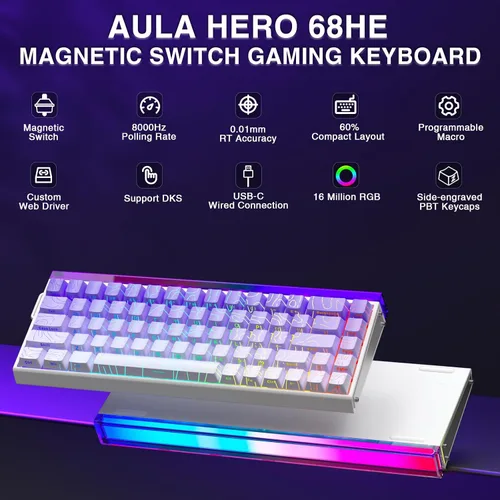 Vista 2 de AULA Hero 68 HE 60% Teclado para juegos con cable, interruptor magnético de efecto Hall con accionamiento ajustable, modo de disparo rápido, tasa