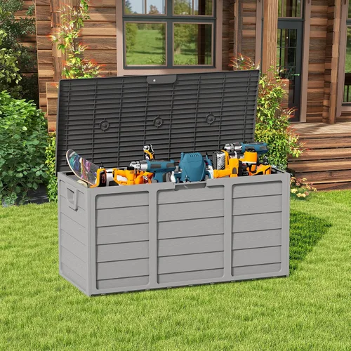 Vista 9 de Caja de almacenamiento para terraza al aire libre de 75 galones, resina resistente con tapa bloqueable, resistente a los rayos UV para muebles