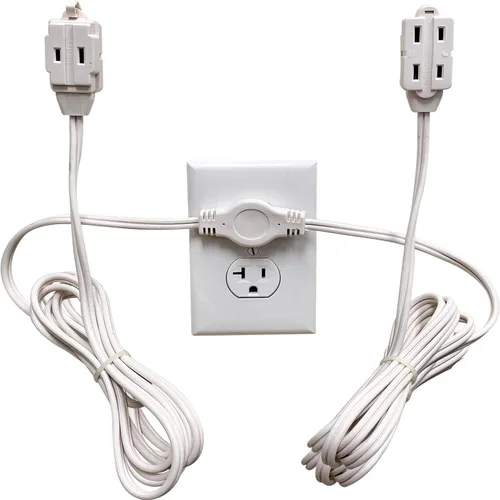Vista 7 de W4W, Regleta de alimentación con cable de extensión doble - Cable de 12 pies - 6 pies en cada lado - Enchufe de cabeza plana (abraza la pared) - 6
