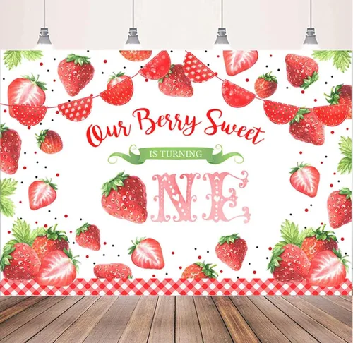 Vista 2 de Our Berry Sweet is Turning One Background con tema de fresas para niños, telón de fondo de cumpleaños para niña, cartel de decoración de fiesta