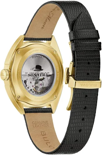 Vista 2 de Bulova Frank Sinatra 97B196 - Reloj con correa de cuero negro con correa de cuero, Oro