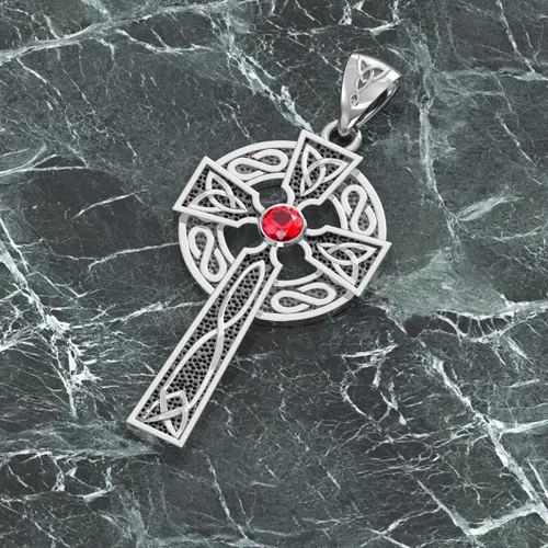Vista 2 de US Jewels Colgante de plata de ley 925 para hombre de 1.5 pulgadas, rubí sintético, piedra natal de julio, nudo celta irlandés, Plata esterlina