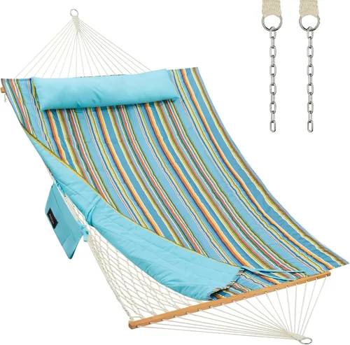 Vista 12 de CHULIM Hamaca doble para exterior con barras separadoras de madera dura, hamaca grande de cuerda con almohada de poliéster y cojín, capacidad de 475