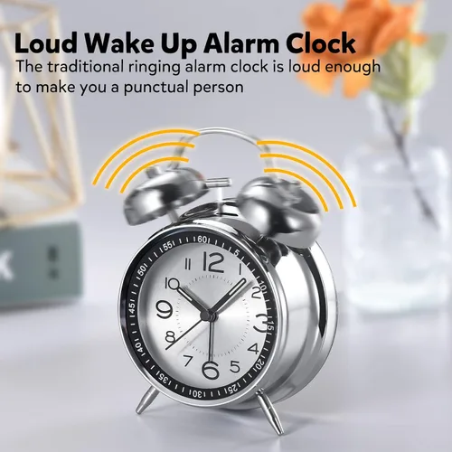 Vista 5 de Cadmos Reloj despertador con alarma fuerte para personas que duermen profundamente, diseño retro de 10 cm, silencioso, sin tic-tac, de cuarzo