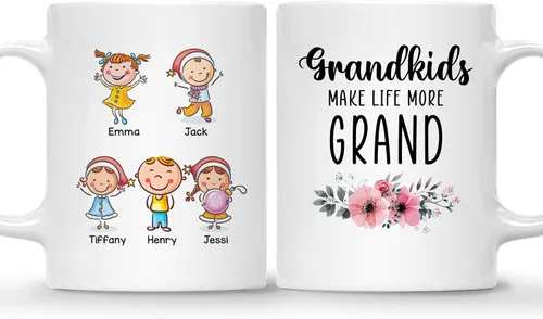 Vista 17 de Gossby Taza personalizada – GRANDKIDS MAKE LIFE MORE GRAND (1 niño) – Taza de café de cerámica de 11 onzas y 15 onzas para abuelos/abuelos – Idea