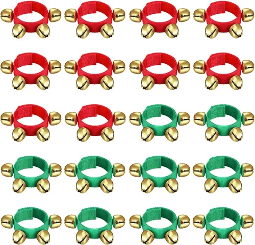 Vista 9 de LEIFIDE 20 pulseras de Navidad con campanas para muñeca, instrumentos musicales agitados, pulsera de ritmo ajustable, para escuela, familia Verde