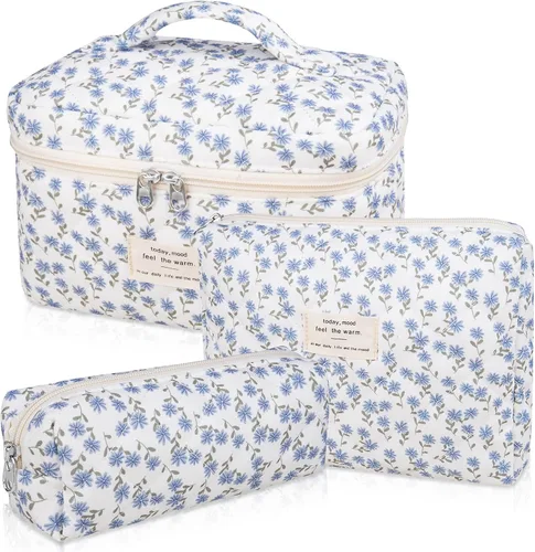 Vista 21 de Juego de bolsas de maquillaje, bolsa de maquillaje acolchada, bolsa grande para cosméticos florales para mujer, bonitas bolsas de maquillaje