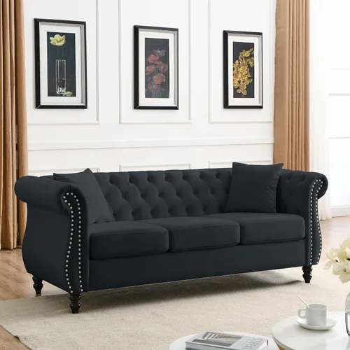 Vista 4 de 80" Black Velvet Chesterfield Sofa for Living Room,2 Pcs 3 Seater Sofa Button Tufted Nailhead Trimming Rolled Arms with Wood Frame with 4 Pillows