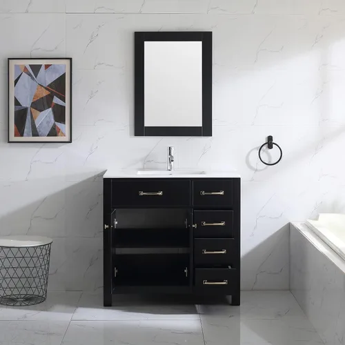Vista 8 de wonline Lavabo de baño negro de 36 pulgadas y fregadero de cerámica empotrado para fregadero de cerámica con tocador de espejo, juego de tocador