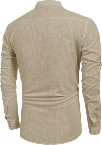 Vista 8 de COOFANDY - Camisa de lino y algodón con cuello Henley, de manga larga, estilo hippie, informal, camisetas de playa