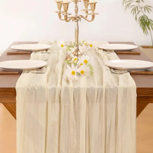 Vista 6 de Socomi Camino de mesa beige para primavera y Pascua, camino de mesa de 170 pulgadas, paño de queso de 14 pies, gasa bohemia rústica para decoración