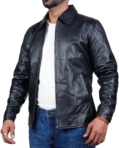 Vista 3 de Chaqueta de cuero premium con cuello de polo para hombre, estilo clásico de la vieja escuela, uso diario, piel de cordero para hombre