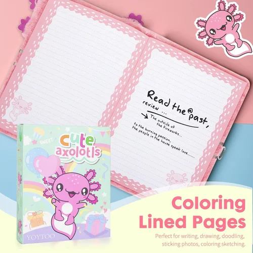 Vista 4 de Diario de ajolote para niñas con cerradura, juguetes de ajolote de felpa, regalo para niñas adolescentes, cuaderno de escritura para niños, regalos