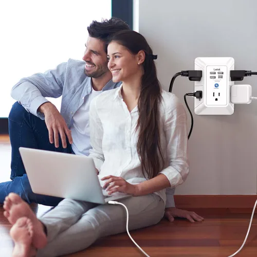Vista 24 de Extensor de tomacorriente, protector de sobretensiones con 5 enchufes múltiples y 4 puertos USB (2 USB C), cargador de pared de regleta