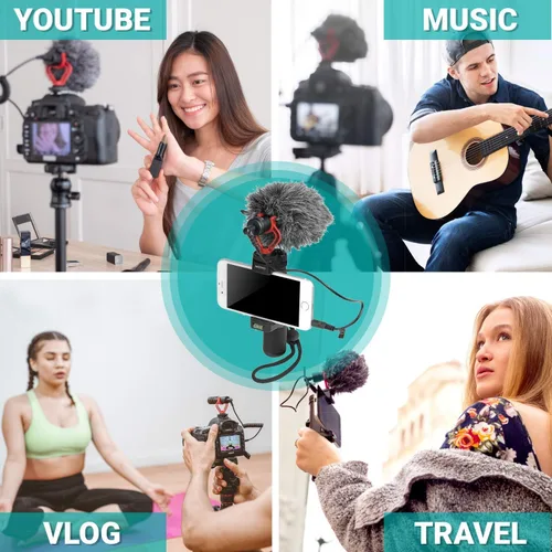 Vista 6 de Movo Kit de vlogging para teléfono inteligente para iPhone con micrófono de escopeta, mango de agarre, correa de muñeca para teléfonos inteligentes
