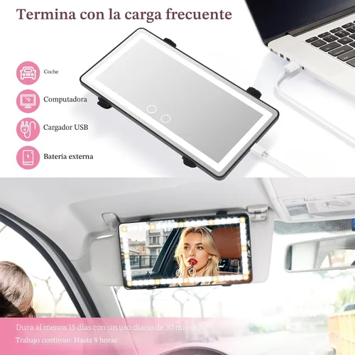 Vista 5 de Espejo de tocador con visera solar para automóvil, espejo de maquillaje recargable con 60 LED, 3 modos de luz y control táctil regulable