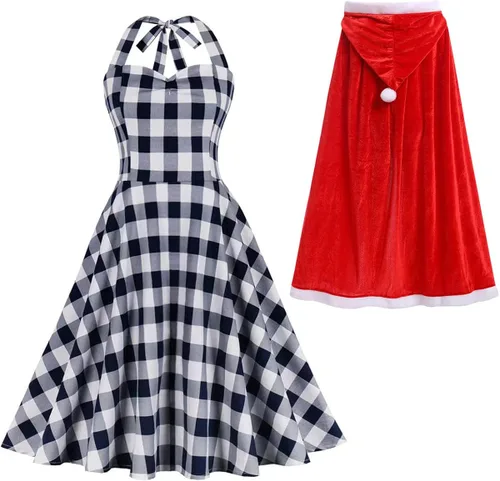 Vista 2 de IMEKIS Trajes familiares de Navidad a juego para mujeres, vestido a cuadros con capa, para Halloween, cosplay, Papá Noel
