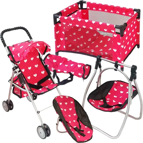 Vista 9 de Juego de Muebles de Cuna y Cochecito de Muñeca de Lujo, Juego de Accesorios Multi para Muñecas de 18", Incluye Cochecito de Muñeca, Columpio y Cama