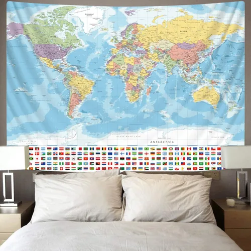 Vista 5 de KYKU Tapiz pequeño de mapa del mundo, tapiz con mapa del mundo, banderas, decoración de viaje, aula, decoración de la tierra, fiesta