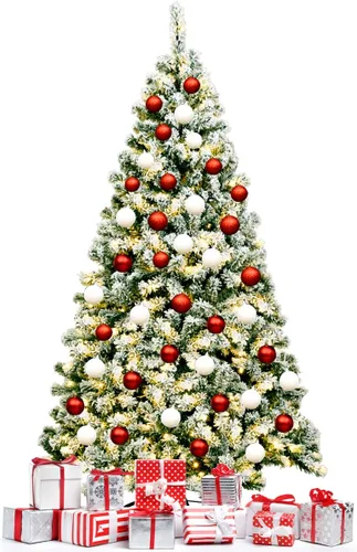 Vista 30 de HAPPYGRILL - Árbol de Navidad artificial preiluminado de 2.1 m, árbol de Navidad con nieve flocada y 320 luces LED multicolor, 8 modos de Snow Pe