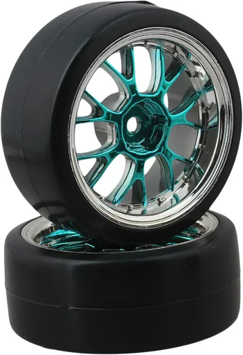 Vista 2 de Llanta de plástico azul en forma de Y con neumáticos lisos para RC 1:10 On-Road Racing Car y Drift Car Pack de 4