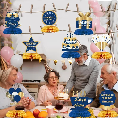 Vista 5 de 9 piezas de decoración de feliz jubilación, centros de mesa de nido de abeja, suministros de fiesta, suministros de aventura de jubilación
