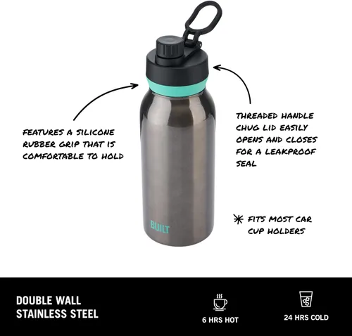 Vista 4 de Built Botella en cascada de acero inoxidable de doble pared de 32 onzas líquidas de boca ancha, tapa de chug resistente a derrames, con agarre