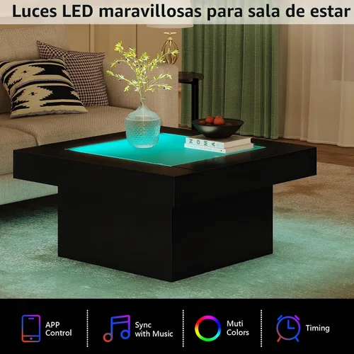 Vista 3 de Mesa de centro cuadrada con luces LED, mesas de centro de 35.4 pulgadas
